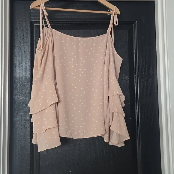 Vince Camuto Cold Shoulder Tiered Sleeve Pink & White Polka Dot Blouse Size XL - Picture 7 of 8